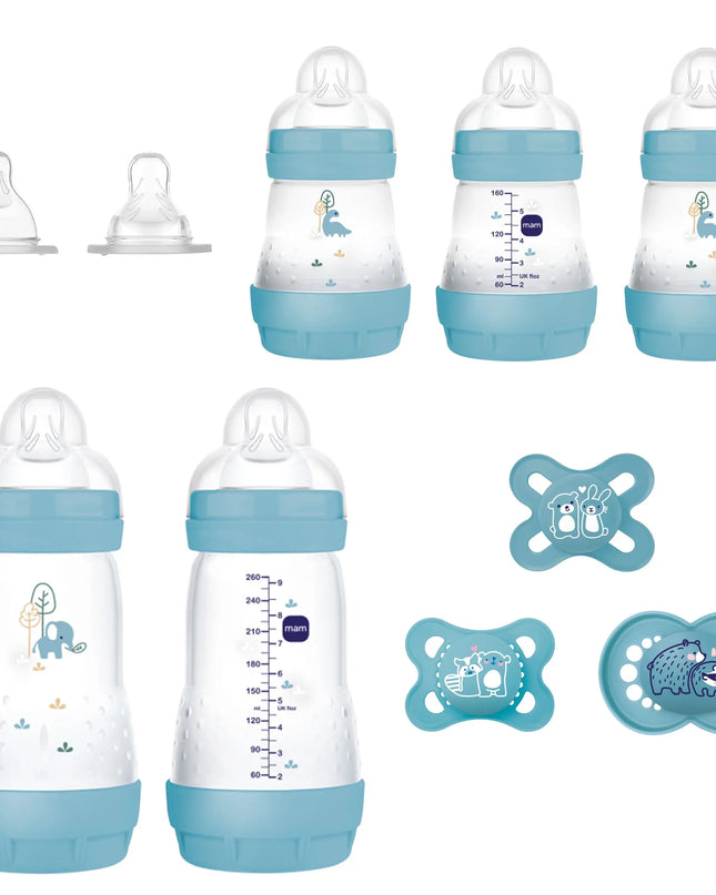 Set of baby bottles and pacifiers with blue accents on a white background
