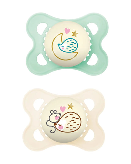 MAM Night Pacifier, 0-6 Months, Unisex, 2 Pack with Self-Sterilizing Case
