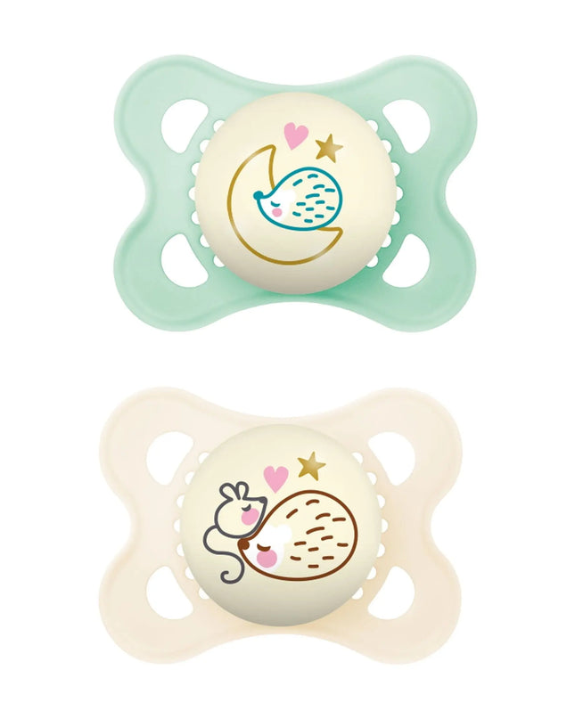 MAM Night Pacifier, 0-6 Months, Unisex, 2 Pack with Self-Sterilizing Case