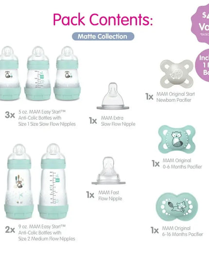 Packaging of MAM baby products including bottles and pacifiers with a list of included items.