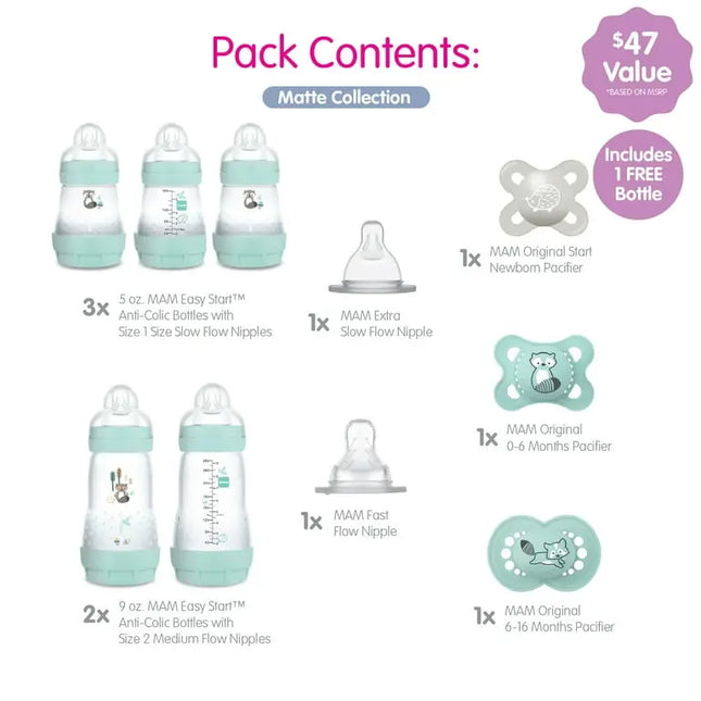 Packaging of MAM baby products including bottles and pacifiers with a list of included items.
