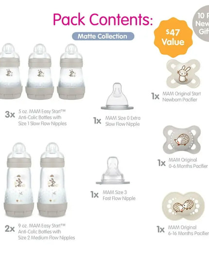 MAM baby product set with bottles and pacifiers on a white background