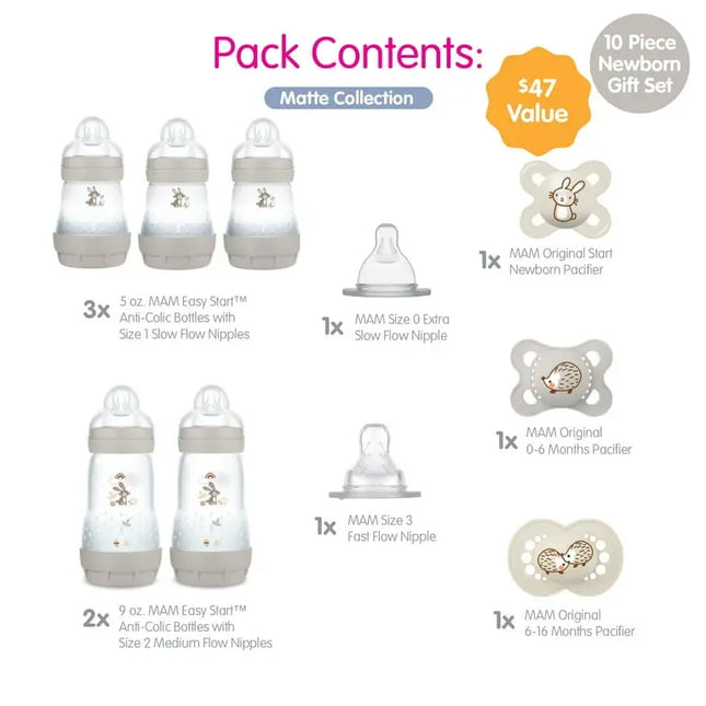 MAM baby product set with bottles and pacifiers on a white background