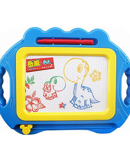 Toy drawing board with blue frame, yellow border, and red pen on a white background