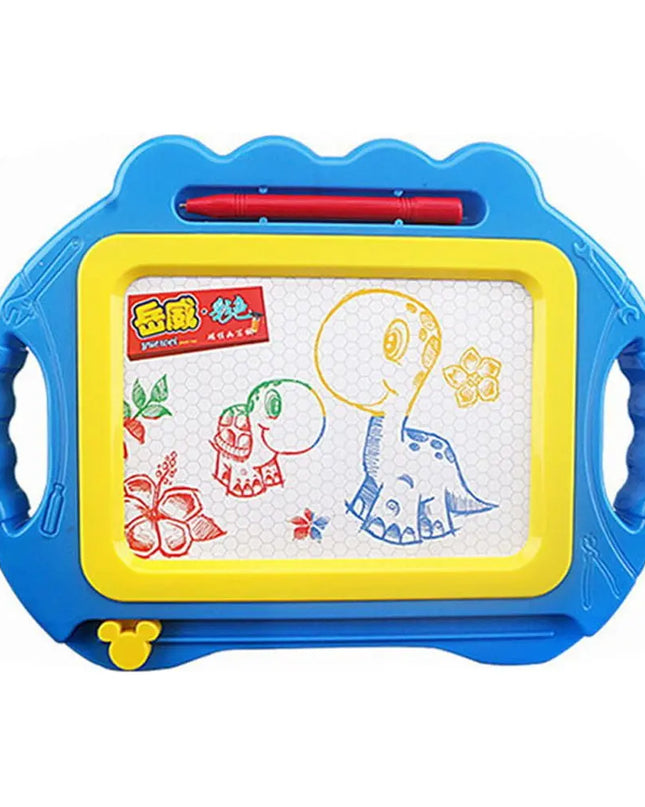Toy drawing board with blue frame, yellow border, and red pen on a white background