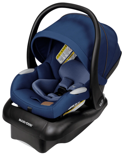 Blue Maxi-Cosi car seat with black frame on a white background