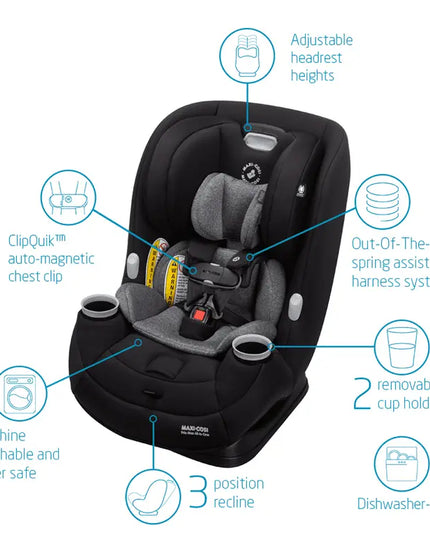 Black and gray car seat with features highlighted on a white background