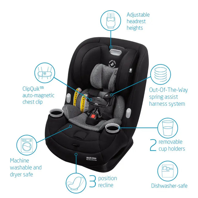 Black and gray car seat with features highlighted on a white background