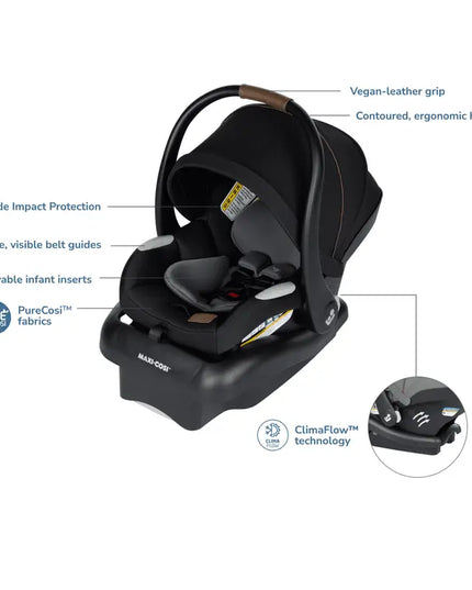 Black car seat with features labeled on a white background