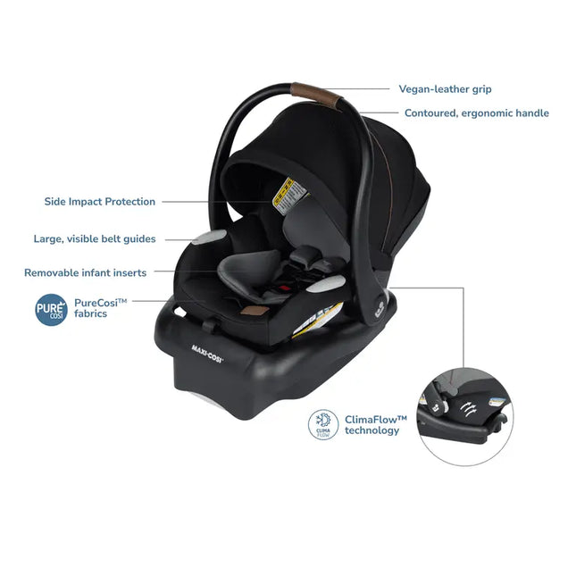 Black car seat with features labeled on a white background