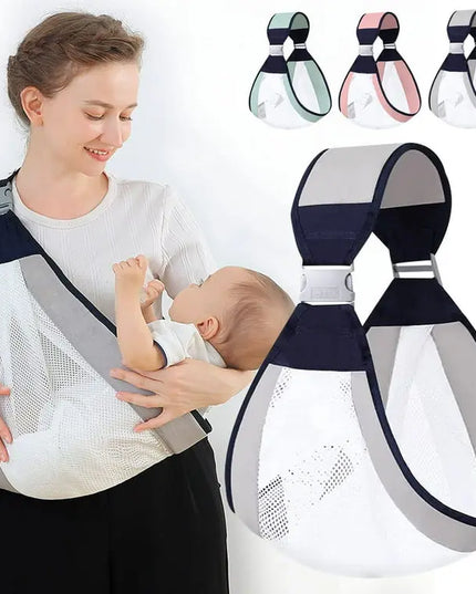 Woman holding a baby using a baby carrier with close-up insets of the carrier.