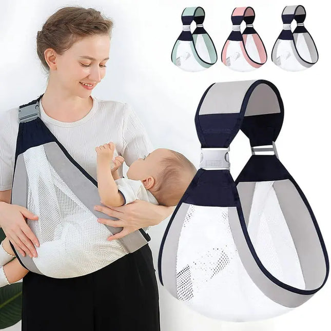 Woman holding a baby using a baby carrier with close-up insets of the carrier.