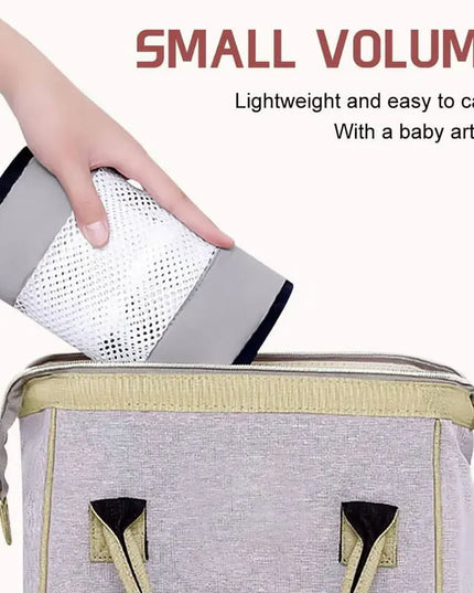 Hand holding a small volume product over a bag with text about its lightweight and easy-to-carry nature.