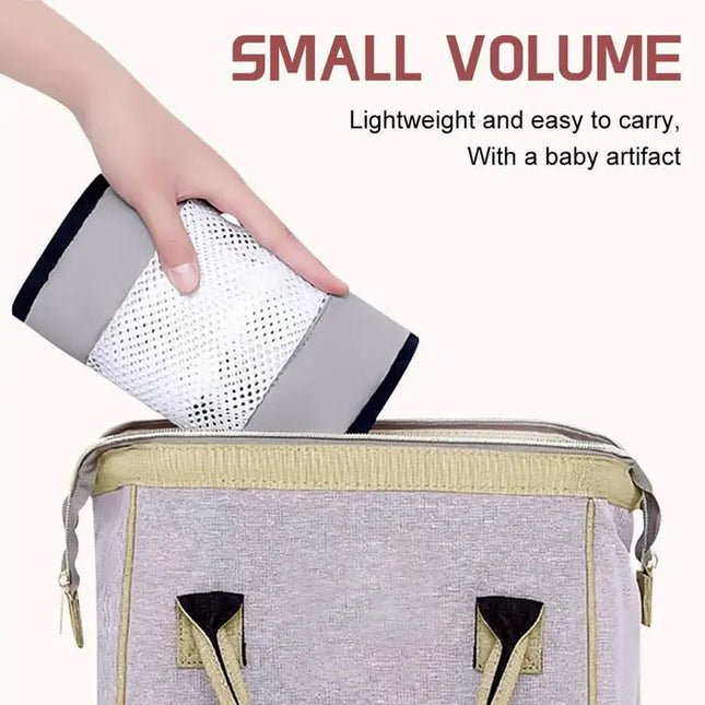 Hand holding a small volume product over a bag with text about its lightweight and easy-to-carry nature.