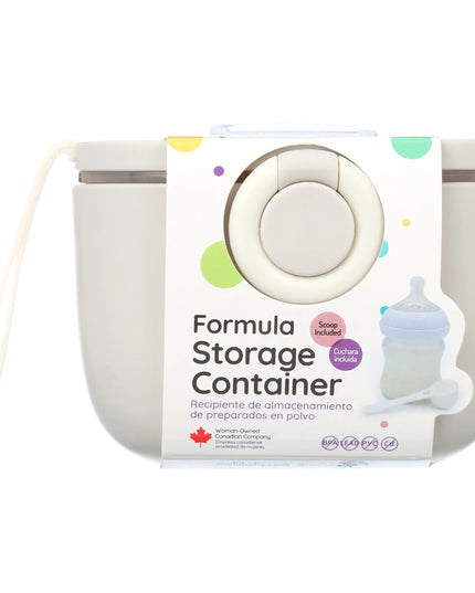 Formula storage container with packaging on a white background
