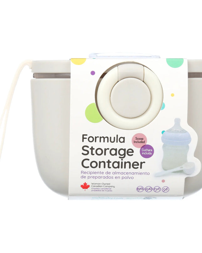 Formula storage container with packaging on a white background