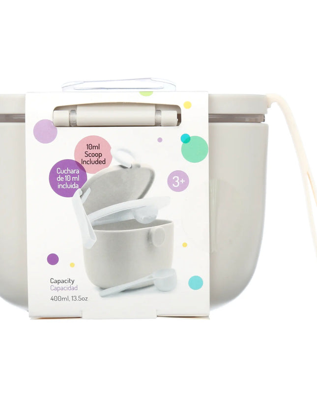 White children's formula dispenser with spoon and packaging on a white background