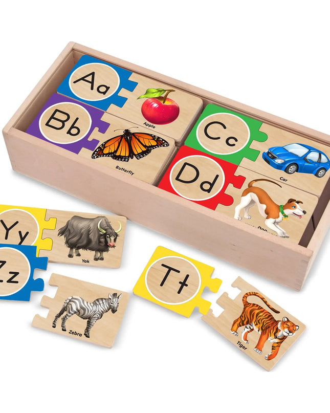 Wooden alphabet puzzle set with letters, animals, and objects in a wooden box.