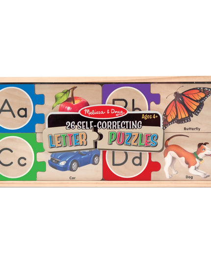 Wooden letter puzzles with colorful illustrations and Melissa & Doug branding.