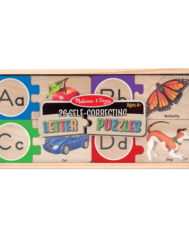 Wooden letter puzzles with colorful illustrations and Melissa & Doug branding.