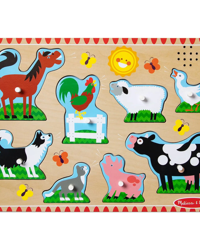 Wooden farm animal puzzle with colorful animals on a beige background