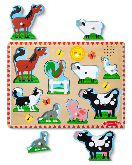 Wooden farm animal puzzle with movable pieces on a white background