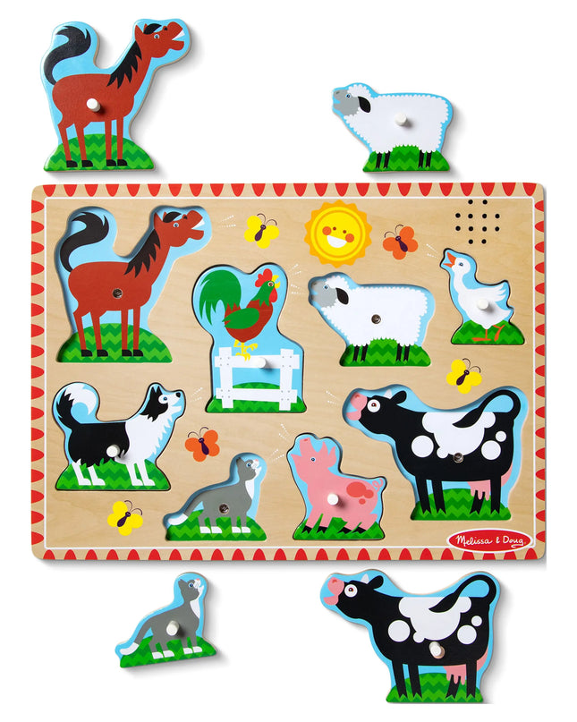 Wooden farm animal puzzle with movable pieces on a white background