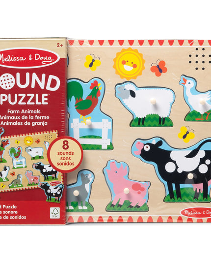 Melissa & Doug farm animals sound puzzle with packaging on a white background