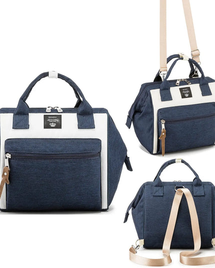 Three blue bags with white accents on a white background