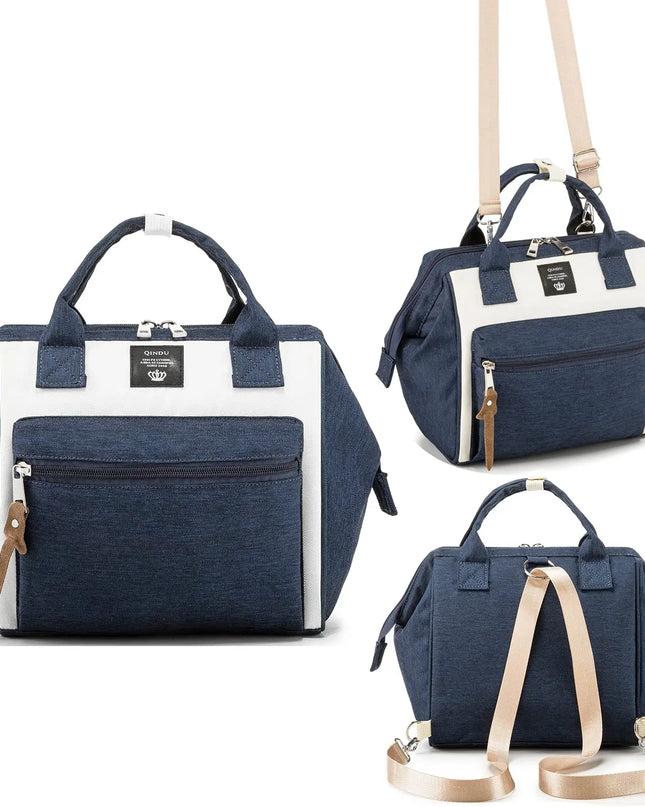 Three blue bags with white accents on a white background