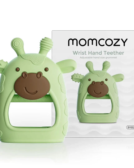 Green wrist hand teether with brown face and packaging displaying 'momcozy' brand on a white background.