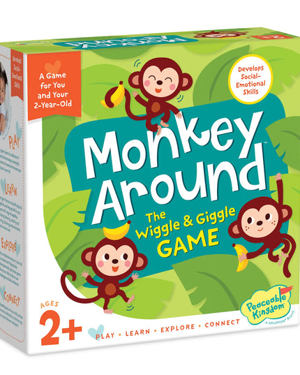 Box of 'Monkey Around' game by Peaceable Kingdom with cartoon monkeys on a green background.