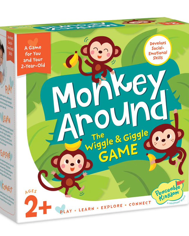Box of 'Monkey Around' game by Peaceable Kingdom with cartoon monkeys on a green background.