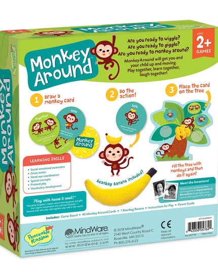 Box of 'Monkey Around' children's game with colorful design and monkey illustrations.
