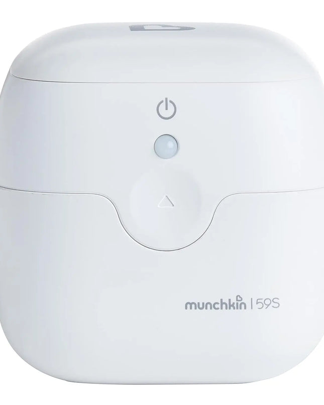 White electronic device with power button and 'munchkin' branding on a white background