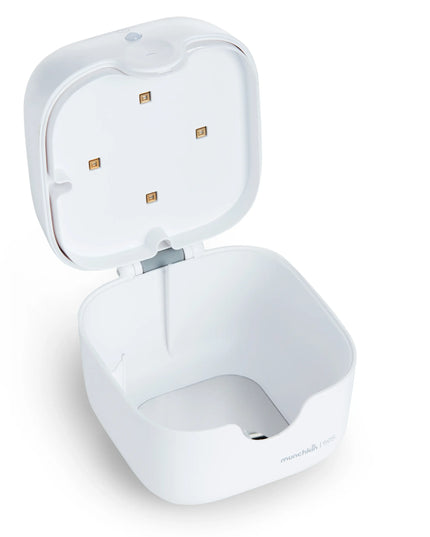 White wireless earbuds in charging case on a white background