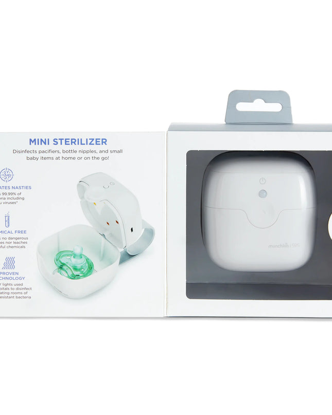 Mini sterilizer packaging with clear window showing product inside on a white background
