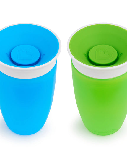 Two colorful plastic cups with lids on a white background