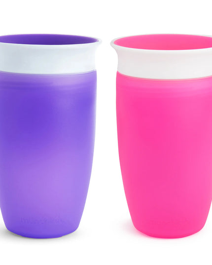 Two colorful cups, one purple and one pink, on a white background