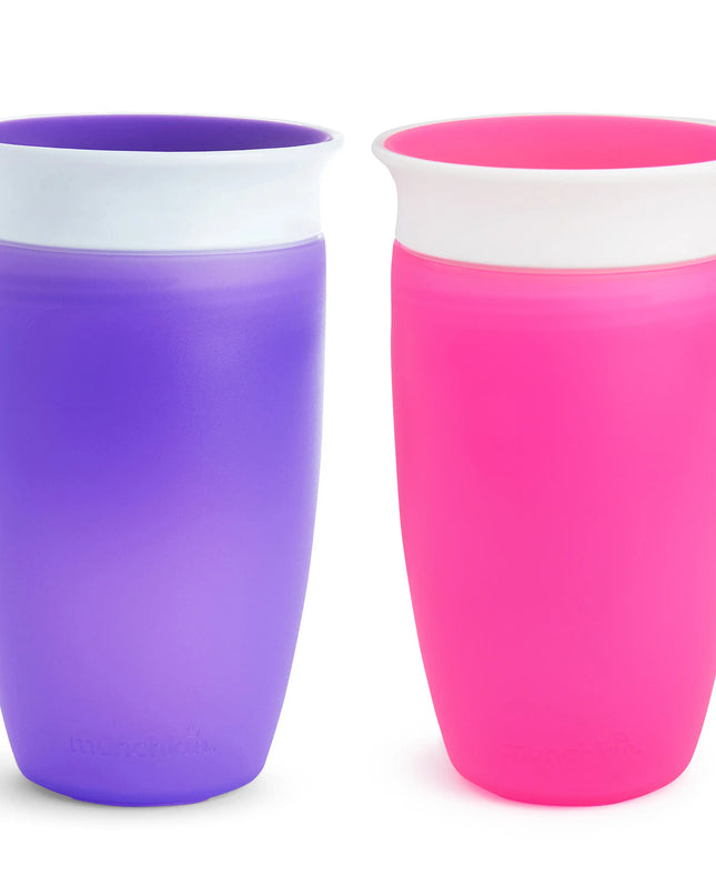 Two colorful cups, one purple and one pink, on a white background