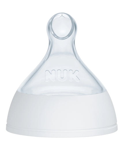 Clear silicone teething ring with 'NUK' branding on a white background