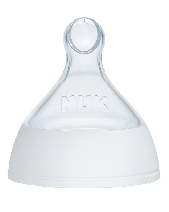 Clear silicone teething ring with 'NUK' branding on a white background