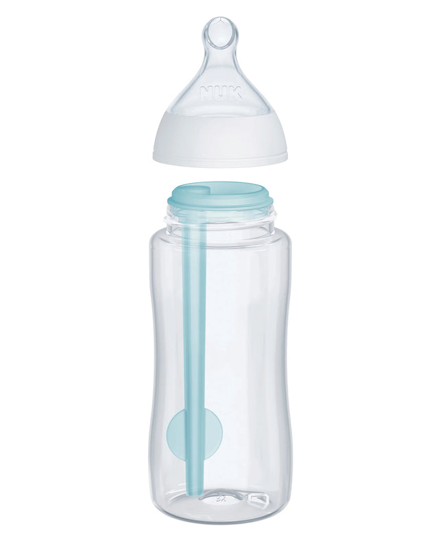 Clear baby bottle with blue accents on a white background