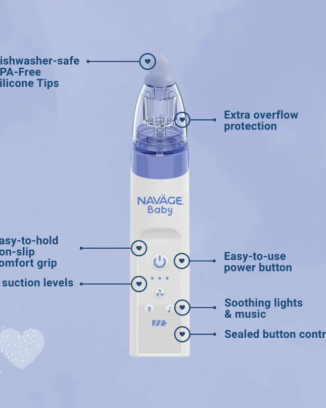 Naváge Baby device with features highlighted on a blue background