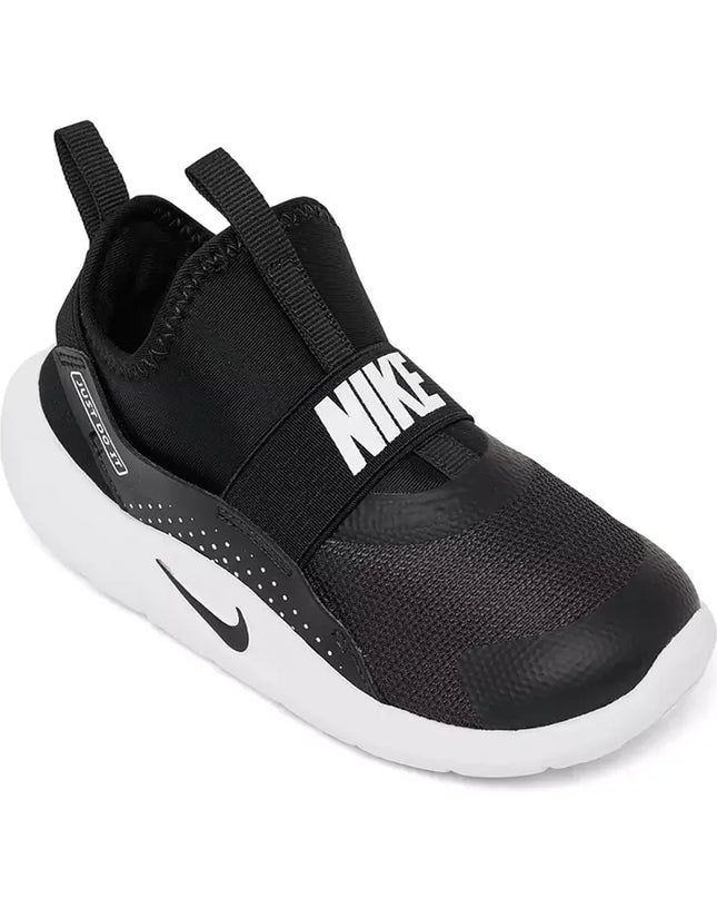 Black Nike baby shoe with white sole on a white background