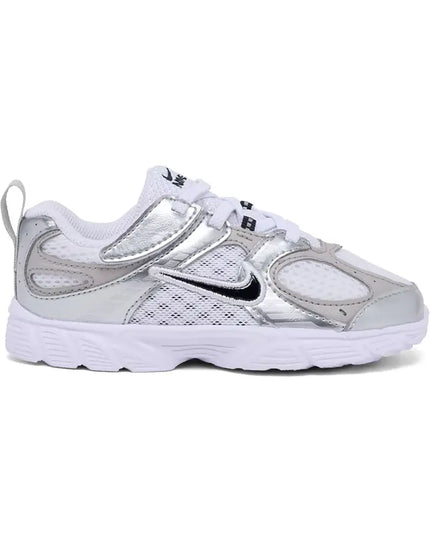 White and gray sneaker with a black swoosh logo on a white background