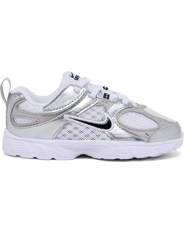 White and gray sneaker with a black swoosh logo on a white background