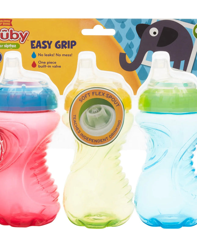 Nuby Easy Grip sippy cups with colorful packaging featuring an elephant illustration.