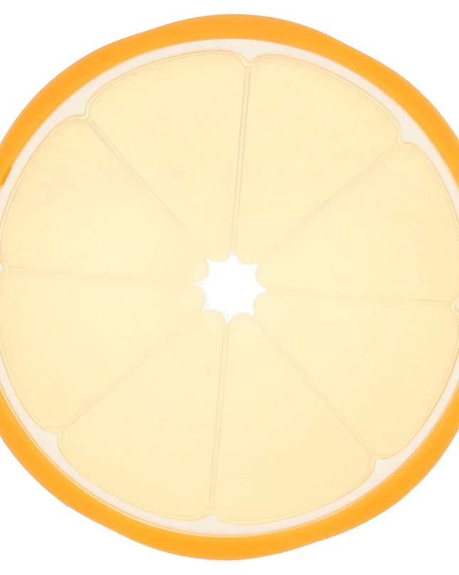 Round yellow object with an orange border on a white background