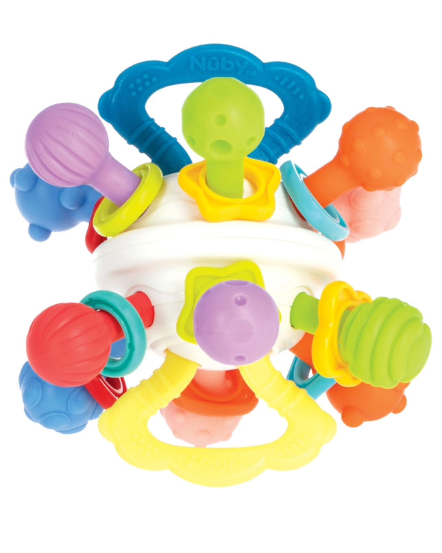 Colorful baby teething ring with multiple textures on a white background